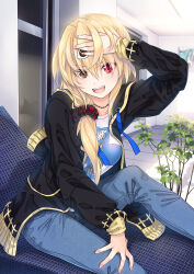 Rule 34 | 1girl, black coat, blonde hair, bontenmaru (oda nobuna no yabou), coat, denim, eyepatch, eyepatch lift, fang, hair ornament, hair over shoulder, hair scrunchie, hand on own forehead, heterochromia, highres, jeans, jewelry, long hair, long sleeves, looking at viewer, miyama-zero, necklace, oda nobuna no yabou, open mouth, pants, ponytail, print shirt, red eyes, scrunchie, shirt, sitting, solo, tailcoat, teeth, upper teeth only, white shirt, yellow eyes