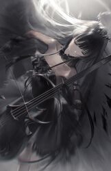 Rule 34 | 1girl, absurdres, ambience synesthesia, arknights, armlet, backlighting, black choker, black dress, black gloves, black hair, black halo, black wings, blunt bangs, blurry, bow (music), broken halo, cello, choker, closed eyes, closed mouth, collarbone, commentary, dark halo, detached wings, dress, dutch angle, energy wings, eyelashes, feet out of frame, floating hair, frilled choker, frilled dress, frills, from above, from side, gloves, hair flowing over, halo, hands up, head tilt, highres, holding, holding bow (music), holding instrument, instrument, light particles, light smile, long hair, mole, mole under eye, music, official alternate costume, pale skin, playing, playing instrument, see-through, see-through dress, shade, short dress, sidelocks, solo, standing, straight hair, tsuji yashiki, very long hair, virtuosa (arknights), wings