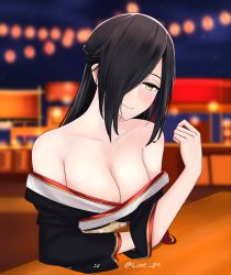 Rule 34 | 1girl, azur lane, bare shoulders, black hair, black kimono, blurry, blurry background, breasts, brown eyes, cleavage, collarbone, commentary, english commentary, festival, friedrich der grosse (azur lane), friedrich der grosse (dark raiments of gagaku) (azur lane), hair over one eye, highres, japanese clothes, kimono, lantern, large breasts, long hair, luxe, new year, off shoulder, official alternate costume, solo, twitter username
