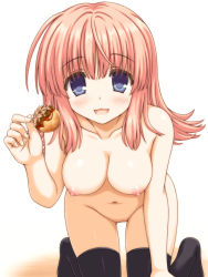 Rule 34 | 1girl, all fours, aoi akua, black thighhighs, blue eyes, blush, breasts, food, groin, holding, holding food, kouno harumi, long hair, looking at viewer, medium breasts, navel, nipples, nude, open mouth, pink hair, simple background, solo, takoyaki, thighhighs, to heart (series), to heart 2, white background