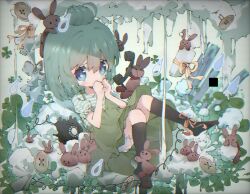 Rule 34 | 1girl, alternate costume, alternate hairstyle, antique phone, aqua hair, bloomers, blue eyes, blush, brown rabbit, buttons, cloud, clover, covered mouth, covering own mouth, four-leaf clover, hair bun, hatsune miku, hello/how are you (vocaloid), kneehighs, miku day, n u, phone, rabbit, ribbon, rotary phone, shirt, single hair bun, skirt, socks, striped clothes, striped shirt, stuffed animal, stuffed toy, suspender skirt, suspenders, teardrop, tearing up, underwear, vocaloid, white bloomers, yellow ribbon
