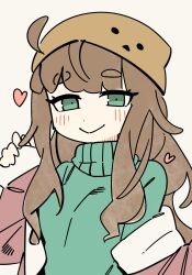 Rule 34 | 1boy, :&gt;, a.i. voice, ahoge, beanie, blush, breasts, brown hair, brown hat, coat, commentary, green eyes, green sweater, half-closed eyes, hat, heart, highres, inemuri (jdq5e), kurita maron, long hair, long sleeves, looking at viewer, medium breasts, niconico, open clothes, open coat, pink coat, raised eyebrows, removing coat, simple background, solo, sweater, thick eyebrows, trap, turtleneck, turtleneck sweater, upper body, wavy hair, white background