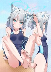 Rule 34 | 1girl, animal ears, barefoot, blue archive, blue eyes, blush, breasts, competition swimsuit, cross, feet, hair ornament, highres, hizikit, inverted cross, looking at viewer, navel, one-piece swimsuit, ponytail, shiroko (blue archive), shiroko (swimsuit) (blue archive), small breasts, solo, swimsuit, toenails, tying hair
