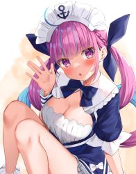Rule 34 | 1girl, ahoge, anchor print, blue bow, blue bowtie, blue dress, blue hair, blue ribbon, blush, bow, bowtie, braid, breasts, cleavage, colored inner hair, commentary request, dress, drill hair, hair ribbon, hand up, highres, hololive, k mugura, knees up, large breasts, looking at viewer, maid headdress, minato aqua, minato aqua (1st costume), multicolored hair, open mouth, pink hair, purple eyes, ribbon, short sleeves, sitting, solo, twin drills, twintails, two-tone hair, virtual youtuber, wrist cuffs