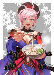 Rule 34 | 1girl, absurdres, bare shoulders, blue eyes, blue kimono, blush, border, bowl, breasts, chopsticks, cleavage, clothing cutout, earrings, fate/grand order, fate (series), food, grey background, hair ornament, highres, holding, holding bowl, holding chopsticks, japanese clothes, jewelry, katana, kimono, large breasts, long hair, long sleeves, looking at viewer, magatama, miyamoto musashi (fate), miyamoto musashi (third ascension) (fate), navel, navel cutout, noodles, obi, open mouth, pink hair, ponytail, saruchitan, sash, simple background, smile, swept bangs, sword, udon, weapon, white border, wide sleeves