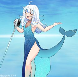 Rule 34 | 1girl, blue background, blue dress, blue hair, blush, closed eyes, dated, dress, feet out of frame, fins, fish tail, gawr gura, henemimi, highres, holding, holding microphone, hololive, hololive english, holomyth, microphone, multicolored hair, open mouth, shark girl, shark tail, sharp teeth, sleeveless, sleeveless dress, smile, solo, streaked hair, tail, teeth, twitter username, virtual youtuber, white hair