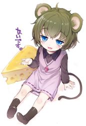 Rule 34 | 1girl, ahoge, animal ears, black footwear, black socks, blue eyes, blush, cheese, commentary request, cookie (touhou), dress, food, full body, green hair, long sleeves, looking at viewer, mary janes, mouse ears, mouse tail, mutsutake, nazrin, open mouth, pink dress, ribbon-trimmed clothes, ribbon trim, shoes, short hair, simple background, sitting, sleeveless, sleeveless dress, smile, socks, solo, tail, touhou, white background