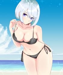 Rule 34 | 1girl, absurdres, bikini, black bikini, blue eyes, breasts, cleavage, collarbone, day, hamakaze (kancolle), highres, kantai collection, large breasts, leaning forward, looking at viewer, navel, nuggetkouhai, short hair, side-tie bikini bottom, solo, standing, swimsuit, thighs, white hair
