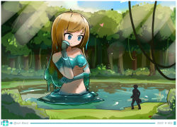 Rule 34 | 1girl, blonde hair, blue eyes, breasts, forest, giant, giantess, heart, highres, lake, looking at another, medium breasts, monster girl, nature, no nipples, nude, slime girl, smile, solo focus, transformation, tree