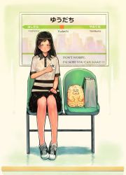 Rule 34 | 1girl, bag, black hair, black shirt, black skirt, blush, brown hair, bukimi isan, chair, closed mouth, commentary request, copyright request, english text, frown, gradient background, green background, green theme, grey shirt, half-closed eyes, highres, indoors, long hair, pleated skirt, shirt, shoes, short sleeves, sitting, skirt, sneakers, solo, stuffed animal, stuffed toy, translation request