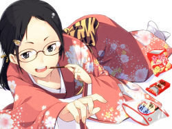 Rule 34 | 1girl, :d, black eyes, black hair, collarbone, glasses, hair ornament, hairclip, holding, japanese clothes, kimono, long hair, lying, open mouth, original, pirlo, pocky, smile, solo, tabi, white background