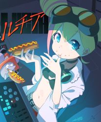 Rule 34 | 1girl, bikini, bikini top only, blonde hair, blue eyes, cone hair bun, crumbs, double bun, eating, gloves, goggles, hair bun, highres, hot dog, lab coat, looking at viewer, lucia fex, multicolored hair, promare, swimsuit, two-tone hair, umino hotate, vinny (promare)
