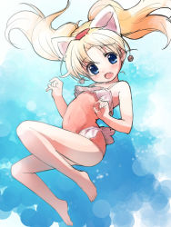 Rule 34 | 1girl, animal ears, bad id, bad pixiv id, blonde hair, blue eyes, blush, cat ears, fang, full body, highres, jewelpet (series), jewelpet twinkle, jewelry, long hair, miria marigold mackenzie, nyama, one-piece swimsuit, open mouth, solo, swimsuit, twintails