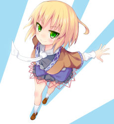 Rule 34 | 1girl, ascot, blonde hair, blouse, foreshortening, from above, full body, green eyes, looking at viewer, mizuhashi parsee, outstretched arms, pointy ears, sansai (age3joe), shirt, shoes, short hair, skirt, smile, socks, solo, standing, touhou, vest, wristband