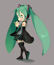 Rule 34 | 1girl, aqua eyes, aqua hair, aqua nails, aqua necktie, black footwear, black thighhighs, boots, detached sleeves, from behind, full body, grey background, grey shirt, hair between eyes, hand up, hatsune miku, headset, highres, long hair, microphone, nail polish, necktie, open mouth, shirt, simple background, sleeveless, sleeveless shirt, smile, solo, standing, thigh boots, thighhighs, twintails, very long hair, vocaloid, zambiie