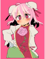 Rule 34 | 1girl, bandaged arm, bandages, blouse, blush, breasts, contrapposto, cowboy shot, double bun, female focus, flat color, green skirt, hand on own hip, ibaraki kasen, ini (inunabe00), juliet sleeves, long sleeves, medium breasts, pink background, pink eyes, pink hair, puffy sleeves, shirt, skirt, solo, standing, tabard, touhou, white shirt