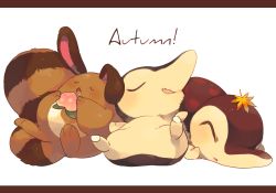 Rule 34 | autumn, autumn leaves, bad id, bad pixiv id, berry, berry (pokemon), blush, commentary request, creatures (company), cyndaquil, drooling, english text, closed eyes, food, fruit, game freak, gen 2 pokemon, hideko (l33l3b), holding, holding food, holding fruit, leaf, letterboxed, lying, maple leaf, nintendo, no humans, on back, on stomach, parted lips, pokemon, pokemon (creature), saliva, sentret, simple background, sleeping, white background