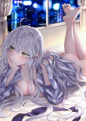 Rule 34 | 1girl, ahoge, alternate costume, ass, barefoot, blush, breasts, city lights, cleavage, closed mouth, collarbone, commentary request, curtains, fate/grand order, fate (series), feet, hair between eyes, head rest, highres, holding, holding own hair, indoors, jeanne d&#039;arc alter (fate), large breasts, large pectorals, long hair, lying, naked shirt, night, omizu (omz), on bed, on stomach, pectorals, shirt, signature, soles, solo, striped clothes, striped shirt, the pose, toes, very long hair, white hair, window, yellow eyes