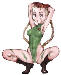 Rule 34 | 1girl, abaratani kurou, armpits, arms up, black footwear, blonde hair, boots, braid, breasts, cammy white, covered navel, facial scar, female focus, full body, gloves, green leotard, hat, highleg, highleg leotard, highres, impossible clothes, leotard, medium breasts, partially visible vulva, red hat, scar, scar on cheek, scar on face, solo, squatting, street fighter, twin braids