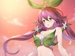 Rule 34 | 1girl, bare arms, blurry, blurry background, breasts, brown eyes, cleavage, floating hair, flower, granblue fantasy, hair between eyes, hair flower, hair ornament, hanosuke, large breasts, leaf bra, long hair, low twintails, midriff, monster girl, open mouth, plant girl, purple hair, solo, sprout on head, stomach, twintails, upper body, very long hair, white flower, yggdrasil (granblue fantasy)