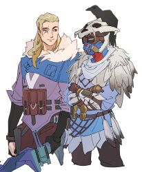 Rule 34 | 1boy, 1other, ambiguous gender, animal, animal on head, animal skull, animification, apex legends, belt, bird, bird on head, black gloves, blonde hair, bloodhound (apex legends), blue eyes, blue shirt, blue skirt, brown belt, brown pants, crossover, crow, feather trim, fur trim, gloves, goggles, highres, jacket, long hair, official alternate costume, on head, pants, pouch, purple jacket, rebreather, scar, scar across eye, shirt, shrug (clothing), skirt, smile, sova (valorant), thundergotch, trait connection, valorant, young blood bloodhound