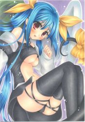 Rule 34 | 1girl, arc system works, blue hair, blush, bow, breasts, cameltoe, choker, dizzy (guilty gear), feathers, guilty gear, hair bow, large breasts, leg ribbon, long hair, midriff, navel, red eyes, ribbon, shinonome86, solo, tail, thigh ribbon, thighhighs, twintails, underboob, wings
