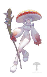 Rule 34 | 1girl, breasts, commentary, fly agaric, highres, hip focus, holding, long sleeves, looking at viewer, mushroom, open mouth, original, puffy sleeves, short hair, solo, timbougami, white background, white footwear, white hair