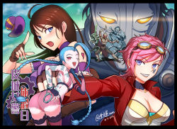 Rule 34 | 3girls, ahoge, alonsword, ass, blue hair, braid, breasts, brown hair, caitlyn (league of legends), chan qi (fireworkhouse), cuffs, dated, grin, hairline, handcuffs, hat, highres, jinx (league of legends), large breasts, league of legends, lee sin, long hair, looking at viewer, master yi, multiple girls, nunu (league of legends), one eye closed, pink hair, short hair, smile, top hat, twin braids, very long hair, vi (league of legends), viktor (league of legends)