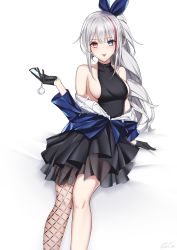 Rule 34 | 1girl, bare shoulders, black dress, black gloves, black shirt, blue eyes, blue ribbon, blush, breasts, closed mouth, cross, cross earrings, dress, earrings, fishnet thighhighs, fishnets, girls&#039; frontline, gloves, hair ribbon, heterochromia, highres, holding, holding phone, jewelry, long hair, looking at viewer, mdr (cocktail observer) (girls&#039; frontline), mdr (girls&#039; frontline), medium breasts, multicolored hair, official alternate costume, phone, ponytail, red eyes, ribbon, shirt, sideboob, silver hair, single thighhigh, sitting, solo, thighhighs, tongue, tongue out, white background, yp7 (vvy)