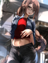 Rule 34 | 1girl, black pants, blue jacket, blush, braid, braided ponytail, breasts, brown eyes, brown hair, contemporary, denim, earrings, fate/grand order, fate (series), glasses, highres, jacket, jeans, jewelry, long hair, looking at viewer, medium breasts, midriff, multiple earrings, navel, open clothes, open jacket, open mouth, pants, red shirt, sakazakinchan, shirt, single braid, solo, very long hair, yu mei-ren (fate)