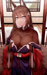Rule 34 | 1girl, absurdres, amagi (azur lane), animal ear fluff, animal ears, azur lane, bodystocking, breasts, brown tail, coat, highres, impossible clothes, indoors, japanese clothes, kimono, kitsune, large breasts, long sleeves, multiple tails, purple kimono, red coat, samip, slit pupils, tail, wide sleeves