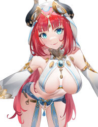 Rule 34 | 1girl, arabian clothes, bare shoulders, blue eyes, blunt bangs, blush, breasts, derlyt, forehead jewel, genshin impact, highres, horns, large breasts, long hair, long sleeves, looking at viewer, low twintails, midriff, nilou (genshin impact), red hair, revealing clothes, simple background, smile, solo, twintails, veil, white background