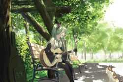 Rule 34 | 1girl, 39, ^ ^, acoustic guitar, backlup, bare shoulders, bench, black thighhighs, blush, boots, bush, calico, closed eyes, collared shirt, commentary, dappled sunlight, day, detached sleeves, english commentary, feet out of frame, from side, green hair, green neckwear, guitar, guitar case, hair ornament, hair over shoulder, hatsune miku, highres, holding, holding instrument, instrument, instrument case, long hair, miniskirt, music, necktie, outdoors, park bench, playing instrument, shirt, singing, sitting, skirt, smile, sunlight, thigh boots, thighhighs, tile floor, tiles, tree, twintails, very long hair, vocaloid, white shirt
