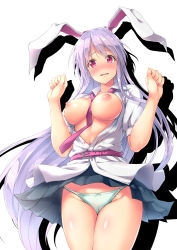 Rule 34 | 1girl, animal ears, awa yume, belt, blush, breasts, breasts out, cameltoe, full-face blush, green panties, highres, large breasts, light purple hair, long hair, necktie, nipples, no bra, open clothes, open mouth, open shirt, panties, pink eyes, pleated skirt, purple hair, rabbit ears, reisen udongein inaba, shirt, short sleeves, simple background, skirt, solo, thighs, touhou, underwear, very long hair, white background, white shirt