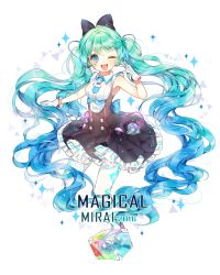 Rule 34 | 1girl, 2016, black bow, blue eyes, blue hair, blush, bow, copyright name, gloves, hair bow, hatsune miku, highres, long hair, looking at viewer, magical mirai (vocaloid), magical mirai miku, magical mirai miku (2016), moffle (2019), one eye closed, open mouth, pantyhose, smile, solo, teeth, twintails, vocaloid, white gloves, white pantyhose, wink