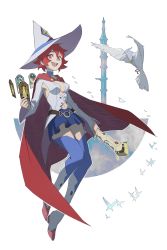 Rule 34 | 1girl, absurdres, alcor (little witch academia), animal, belt, bird, blue skirt, blue thighhighs, boots, breasts, bright pupils, brown belt, cape, card, cleavage, clothing cutout, coattails, crow, full body, hair between eyes, hat, highres, holding, holding card, holding staff, holding wand, knee boots, little witch academia, long sleeves, looking at viewer, medium breasts, miniskirt, navel cutout, pleated skirt, psylduck, red eyes, shiny chariot, shiny rod (little witch academia), short hair, skirt, smile, solo, staff, thighhighs, thighhighs under boots, tower, wand, white footwear, white hat, white pupils, wide sleeves, witch, witch hat, zettai ryouiki