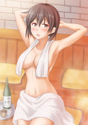 Rule 34 | 1girl, alcohol, anti (untea9), arm up, armpits, blush, bottle, breasts, brown eyes, commentary request, cup, highres, hiryuu (kancolle), kantai collection, large breasts, liquor, looking at viewer, naked towel, navel, open mouth, partial commentary, plate, sauna, short hair, sitting, solo, steaming body, sweatdrop, towel