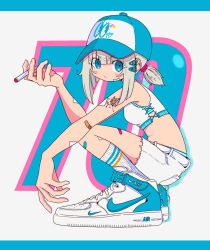 Rule 34 | 1girl, adidas, arm tattoo, bandaid, bandaid on arm, bandaid on cheek, bandaid on face, bandaid on leg, baseball cap, blonde hair, blue eyes, blue hat, blunt bangs, bra, bra peek, brand name imitation, breasts, butterfly tattoo, cigarette, closed mouth, crop top, cropped shirt, eyes visible through hair, from side, full body, grey hair, hand up, hat, highres, holding, holding cigarette, letterboxed, long bangs, looking at viewer, looking to the side, nao97122, nike (company), nike air force 1, original, panties, panty peek, ribbed socks, shirt, shoes, shorts, side-tie shirt, sleeveless, sleeveless shirt, small breasts, smoking, sneakers, socks, solo, squatting, streetwear, striped bra, striped clothes, striped panties, tattoo, underwear, white background, white footwear, white shirt, white shorts, white socks