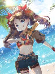 Rule 34 | 1girl, :q, beach, bikini, bikini top only, blue eyes, blue sky, breasts, brown hair, day, fate/grand order, fate (series), fingerless gloves, gloves, goggles, goggles on head, gun, hair ribbon, handgun, highres, holding, holding gun, holding weapon, leonardo da vinci (fate), leonardo da vinci (swimsuit ruler) (fate), long hair, looking at viewer, navel, ocean, outdoors, palm tree, parted bangs, red ribbon, ribbon, shore, short shorts, short sleeves, shorts, shrug (clothing), sky, small breasts, smile, solo, swimsuit, tongue, tongue out, tree, twintails, weapon, yamuimo