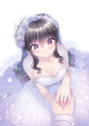 Rule 34 | 1boy, 1girl, armpit crease, bare shoulders, black hair, blue flower, blue rose, blush, breasts, bridal veil, cleavage, closed mouth, collarbone, commentary, crossed bangs, dress, eyelashes, eyes visible through hair, fingernails, flower, flower wreath, from above, hair between eyes, hano haruka, happy, head wreath, highres, holding hands, jewelry, light particles, lips, long dress, long hair, looking at viewer, medium breasts, off-shoulder dress, off shoulder, original, pink eyes, pov, pov hands, purple flower, purple rose, ring, rose, sidelocks, simple background, smile, solo focus, sparkle, star (symbol), strapless, strapless dress, upturned eyes, veil, wavy hair, wedding, wedding dress, wedding ring, white background, white dress