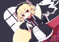 Rule 34 | 1girl, black dress, blonde hair, blush, collared dress, dress, drill hair, fairy, fairy wings, flower, frilled dress, frilled sleeves, frills, hair between eyes, holding, holding smoking pipe, kanisawa yuuki, long sleeves, luna child, open mouth, red eyes, red flower, red rose, rose, short hair, smoking pipe, solo, touhou, wide sleeves, wings