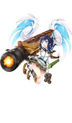 Rule 34 | 1girl, :d, blue eyes, blue hair, cannon, firing, frilled skirt, frills, full body, looking at viewer, noshima (oshiro project), official art, open mouth, oshiro project:re, ponytail, ririkuto, short hair, skirt, smile, solo, transparent background