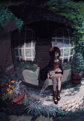 Rule 34 | 1girl, absurdres, apple, atelier (series), atelier sophie, bag, bag on lap, bare legs, barrel, boots, bread, brown footwear, bush, cabin, closed umbrella, coat, commentary, cross-laced footwear, eyebrows hidden by hair, film grain, fisheye, flower, food, frilled skirt, frills, fruit, full body, grass, hands on own leg, head scarf, highres, holding, holding umbrella, jaggy lines, lace-up boots, leaf, loaf of bread, long sleeves, looking away, miniskirt, nekoolantern, no pupils, orange flower, outdoors, paper bag, plant, potted plant, rain, red eyes, red hair, red skirt, shirt, sitting, skirt, sleeve cuffs, sleeves past wrists, solo, sophie neuenmuller, star (symbol), umbrella, white shirt, wide sleeves, window