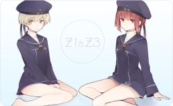 Rule 34 | 10s, 2girls, barefoot, blonde hair, blush, clothes writing, dress, green eyes, hat, kantai collection, long sleeves, looking at viewer, multiple girls, personification, red eyes, red hair, sailor dress, sailor hat, short hair, sitting, tama (songe), z1 leberecht maass (kancolle), z3 max schultz (kancolle)
