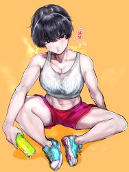 Rule 34 | 1girl, anger vein, anuttsuii, black eyes, black hair, blush, breasts, can, cleavage, highres, looking at viewer, midriff, navel, original, shoes, short hair, shorts, sitting, sneakers, solo, spread legs, sweat, tank top, tomboy