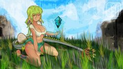 Rule 34 | 1girl, bad deviantart id, bad id, barefoot, blue theme, boulder, bra, breasts, dragomon hunter, dragon girl, egg, fantasy, feathers, frosthyde, grass, green hair, green theme, highres, large breasts, magic, miniskirt, panties, red eyes, self-upload, skirt, solo, tail, tan, tanline, tattoo, underwear