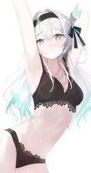 Rule 34 | 1girl, absurdres, aqua pupils, armpits, arms up, black bra, blush, bra, breasts, firefly (honkai: star rail), gradient hair, grey hair, hair between eyes, hairband, highres, honkai: star rail, honkai (series), lingerie, long hair, looking at viewer, multicolored hair, navel, nei1122, nose blush, pink eyes, small breasts, solo, underwear, wavy mouth