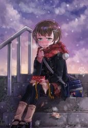 Rule 34 | 1girl, bag, black coat, black footwear, black pantyhose, blush, brown hair, coat, crying, crying with eyes open, evening, full body, gift, green eyes, hair ornament, long sleeves, mary janes, nekozuki yuki, nose blush, original, outdoors, pantyhose, plaid, plaid skirt, railing, red scarf, scarf, shoes, short hair, shoulder bag, sitting, sitting on stairs, skirt, snowing, socks, solo, stairs, tears, uniform, valentine, winter clothes, x hair ornament