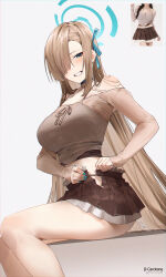 Rule 34 | 1girl, asuna (blue archive), blue archive, blue nails, blue ribbon, breasts, brown skirt, criss-cross halter, feet out of frame, hair over one eye, halo, halterneck, highres, large breasts, light brown hair, lufi ays, photo inset, pleated skirt, reference inset, ribbon, sitting, skirt, solo, undressing
