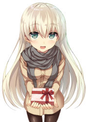 Rule 34 | 1girl, black pantyhose, blonde hair, blush, breasts, cowboy shot, gift, green eyes, grey scarf, hair between eyes, highres, holding, holding gift, incoming gift, long hair, looking at viewer, medium breasts, open mouth, ordeal, original, pantyhose, scarf, simple background, smile, solo, tsukimizu (ordeal), valentine, white background